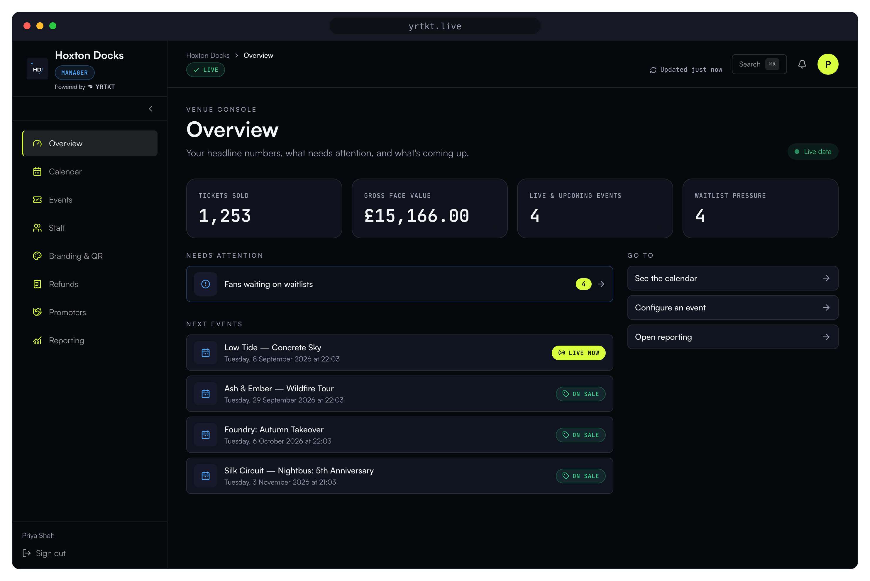 Browser window showing the YRTKT venue console